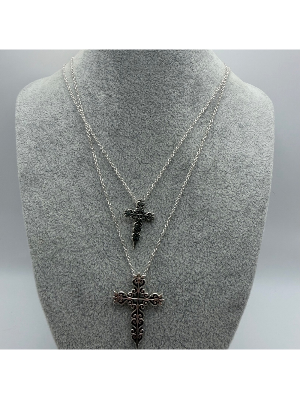 925 Silver Vtg Filigree Cross Necklace Set Lrg & Sm Matching Pendants+Chains